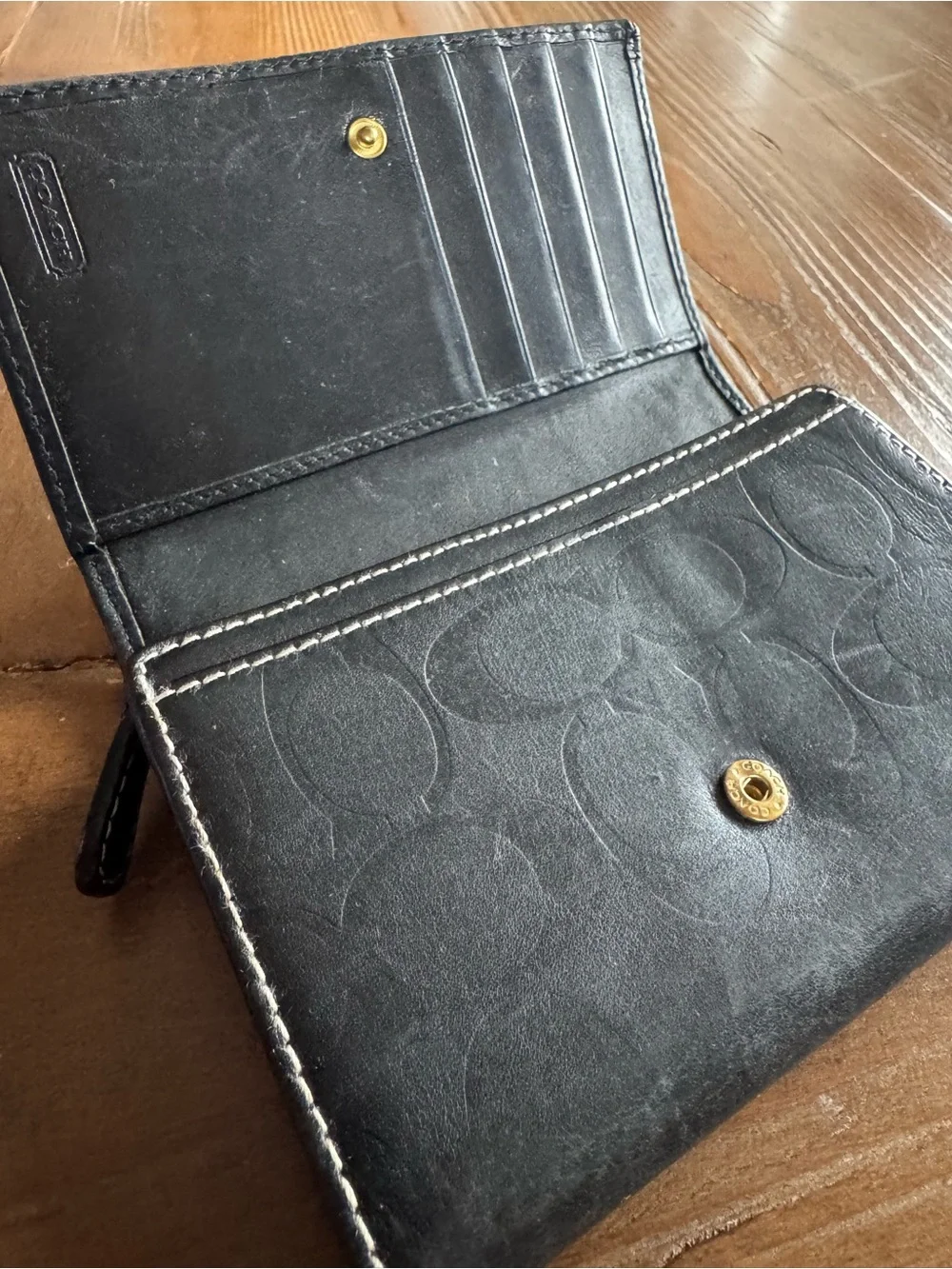 Vintage Coach Black Leather Signature Embossed Trifold Long Wallet